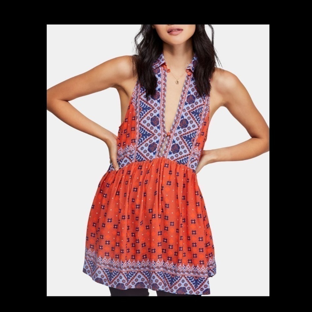 Free People Charlotte Mixed-Print Racerback Fit & Flare Top SZ S